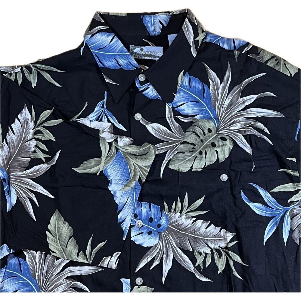 VTG Corsini‎ Mens L Black Blue All Over Tropical Rayon Camp Short Sleeve Shirt